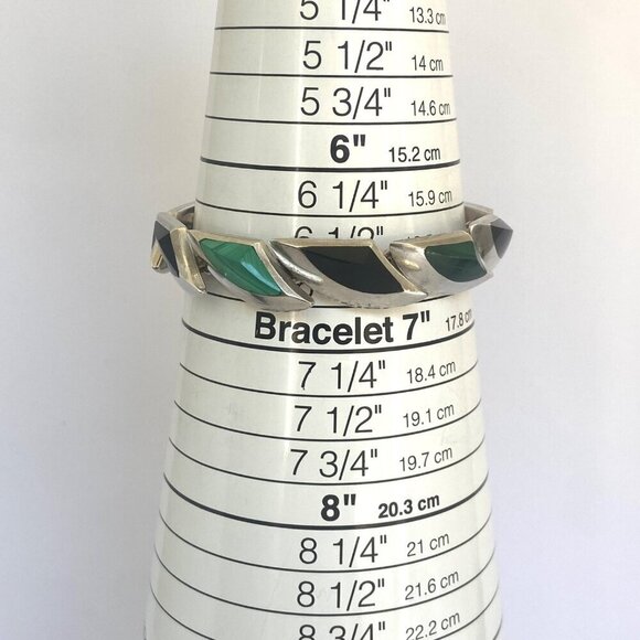 VTG 950 Silver Heavy Taxco Mexico Modernist Style Malachite Onyx Link Bracelet - Picture 9 of 16